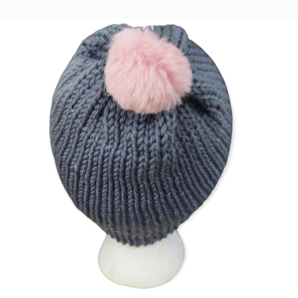 Hand Knit Grey Beanie with Pink Pom - Picture 3 of 5